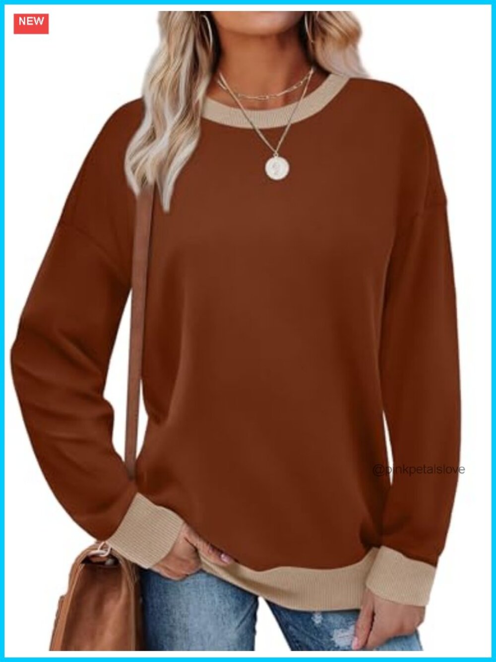 Saloogoe Women's Loose Fit Color Block Crewneck Sweatshirt Long Sleeve Tunic Top